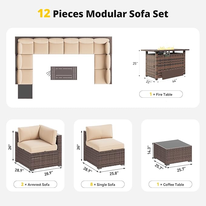 Aoxun Patio Furniture Set with Fire Pit Table, 12 Piece Outdoor Sectional Sofas, 10 Seats Wicker Outdoor Furniture with Thickened Cushion for Backyard, Garden (Brown Rattan Begin Cushions)