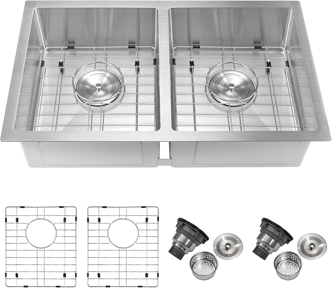 Rhbamoa 27 Inch RV Kitchen Sink,T304 Stainless Steel Kitchen Sinks for RV,50/50 Undermount Double Sink,Outdoor Sinks with Brushed Finish (27'' X 16'' X 7'')