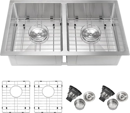 Rhbamoa 27 Inch RV Kitchen Sink,T304 Stainless Steel Kitchen Sinks for RV,50/50 Undermount Double Sink,Outdoor Sinks with Brushed Finish (27'' X 16'' X 7'')