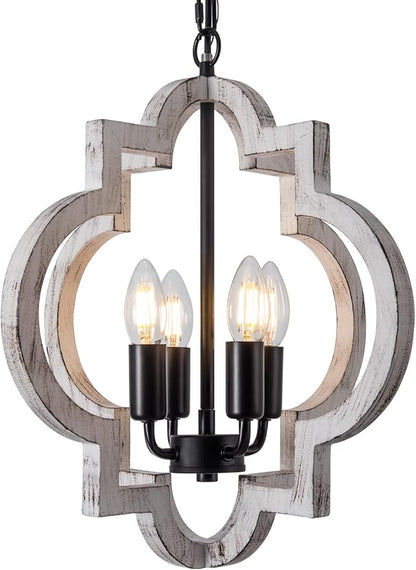 4-Light 15" Farmhouse Orb Chandelier Rustic Handmade Distressed White Wood Hanging Ceiling Pendant Light Fixture Wood Lantern Chandeliers for Dining Room Kitchen Bedroom Foyer Hallway