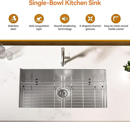 33 x 22 Drop-In/Undermount Kitchen Sink, TECASA Single Bowl Kitchen Sink, 18-Gauge T-304 Stainless Steel Basin with Workstation