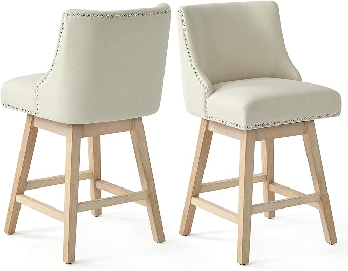 Counter Height Swivel Bar Stools Set of 6, Modern Linen Fabric Swivel Barstools with Back and Wood Legs, Upholstered 26" Seat Height Counter Stools for Kitchen Island, Home Bar, Beige