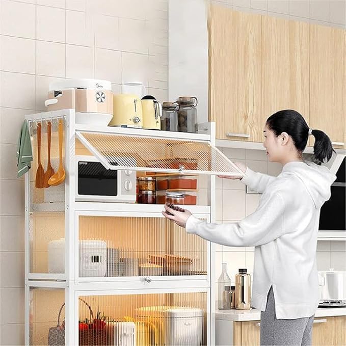 Gdrasuya10 White Kitchen Pantry Storage Buffet Cabinet, 3 Tier Metal Pantry Cabinet with Folding Doors Freestanding Kitchen Storage Cabinet Suitable for Kitchen (43'' H)