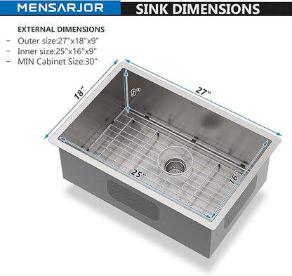 MENSARJOR Undermount Kitchen Sink, 304 Stainless Steel Round Corner Single Bowl Deep Kitchen Sinks, 10-inch Deep Large Bar Sink, 27"X18"Inch