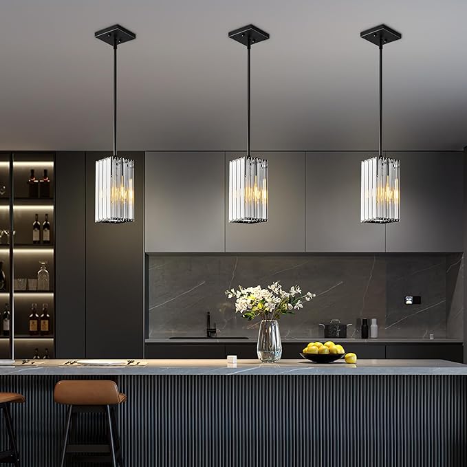 Modern Pendant Light Black Rectangle Pendant Lighting Mini Crystal Chandeliers Adjustable Pendant Light Fixture for Kitchen Island Dinning Room Living Room Corridor Bedroom(Black 1-Pack)