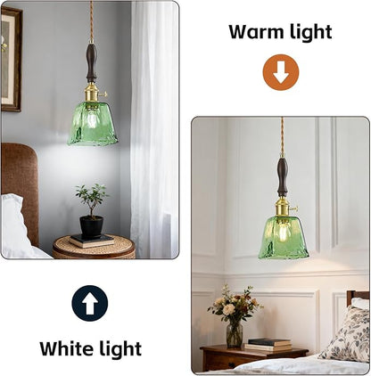 Green Glass Vintage Pendant Light Height Adjustable Handmade Glass Pendant Lights Kitchen Island Gold Hanging Light Fixture with Wood Handle for Bedroom Dining Room Hotel (1 Pack)