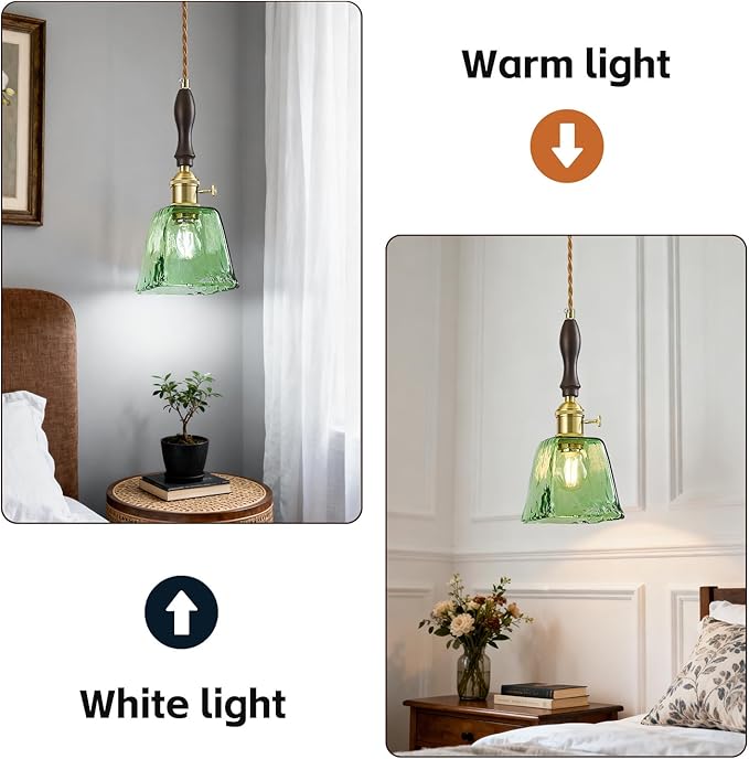 Green Glass Vintage Pendant Light Height Adjustable Handmade Glass Pendant Lights Kitchen Island Gold Hanging Light Fixture with Wood Handle for Bedroom Dining Room Hotel (3 Pack)