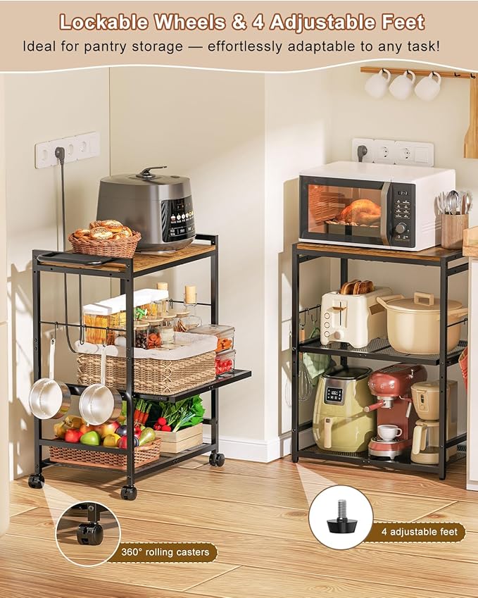 Feyejade Microwave Cart with Adjustable Shelves 3-Tier, Rolling Kitchen Cart with Push Handle, Microwave Stand with Storage, Small Utility Cart with Drawer Slider Shelf for Kitchen, Living Room