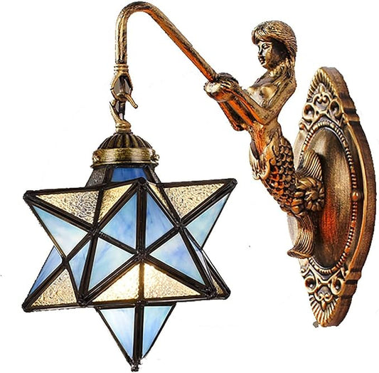 Moravian Star Wall Light with Tiffany Stained Glass Cover, Vintage Rustic Industrial Wall Sconce Retro Wall Mount Lamps Fixture 1-Light,Dark Blue