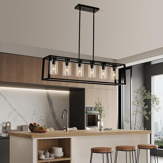 Farmhouse Dining Room Light Fixture Kitchen Island 6-Light Pendant Lighting， Adjustable Rectangle Black Contemporary Chandeliers with Glass Shade (6 Light)