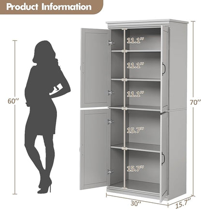IDEALHOUSE Pantry Cabinet,70" Tall Kitchen Pantry Cabinet with Doors and Adjustable Shelves, Freestanding Cupboard, Tall Storage Cabinet for Bathroom, Dining Room, Living Room (Gray)