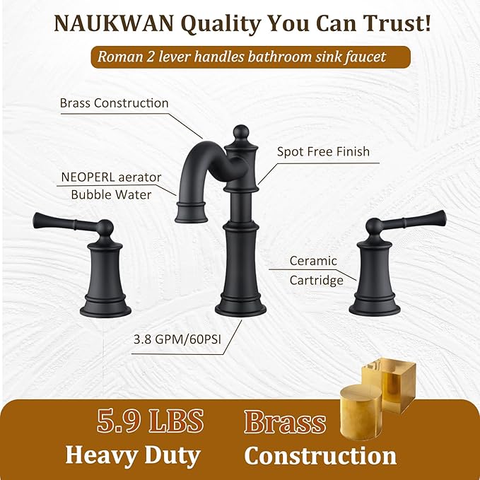 Roman Bathroom Sink-Faucet 3-Holes, Matte Black Rotated Spout Vanity Basin Faucets 3 Holes 2 Handles 8 inches Widespread Deck Mount Brass Faucet for Sink with Overflow Pop Up Drain NL2204-BK