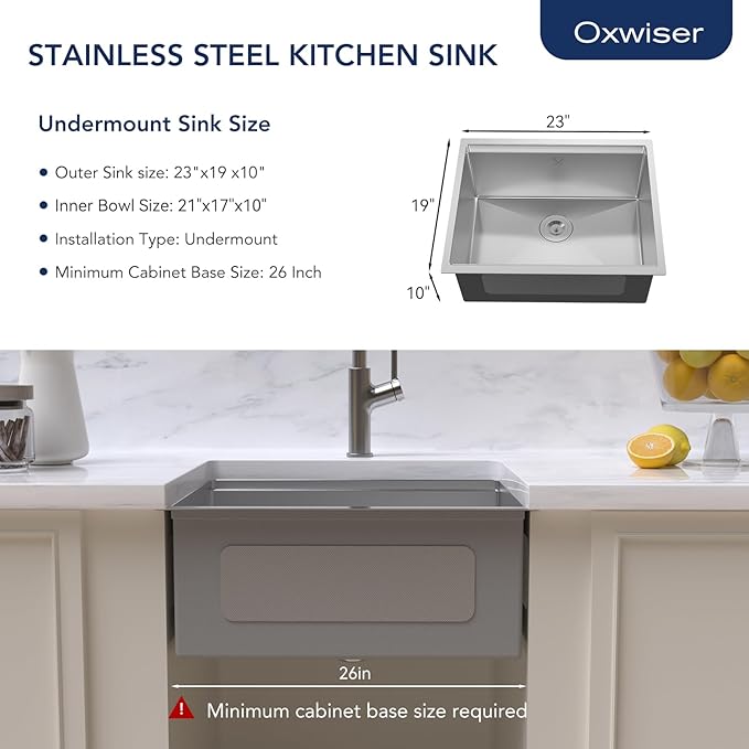 23 Inch Undermount Kitchen Sink 16 Gauge Stainless Steel Ledge Workstation Sink Round Corners Deep Single Bowl Kitchen Sinks with Accessories 23"x19"x10"