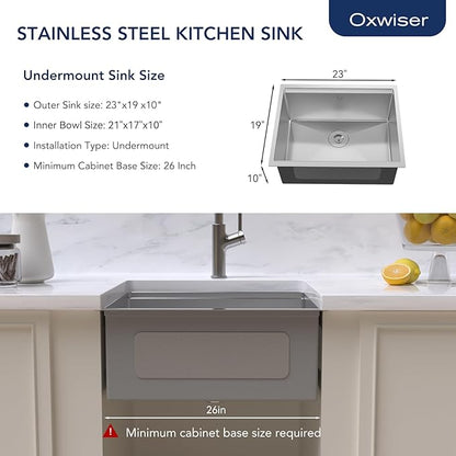 23 Inch Undermount Kitchen Sink 16 Gauge Stainless Steel Ledge Workstation Sink Round Corners Deep Single Bowl Kitchen Sinks with Accessories 23"x19"x10"
