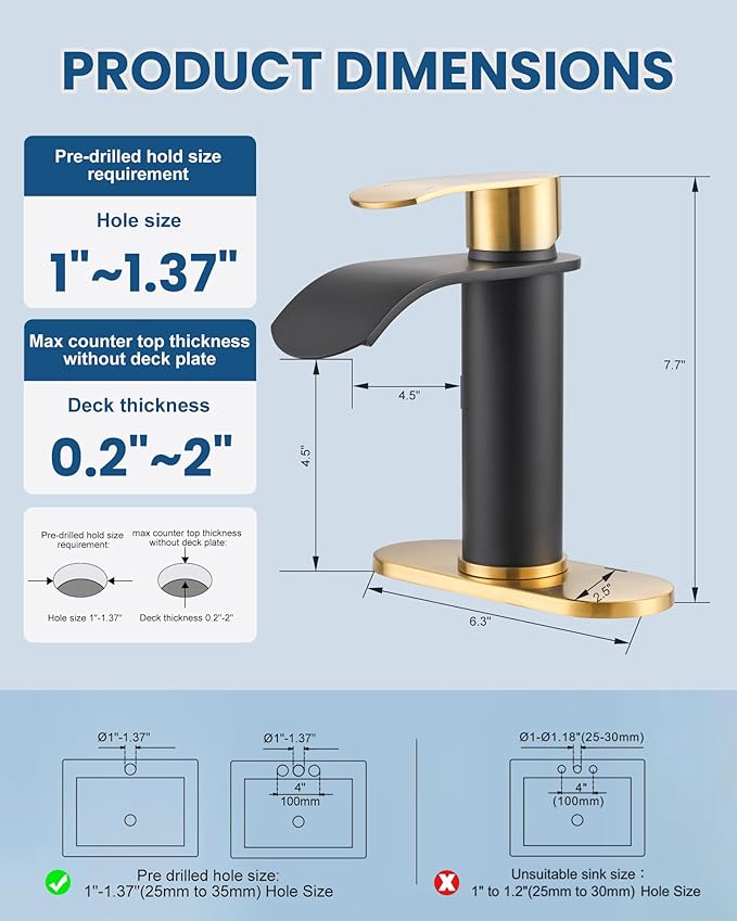 Waterfall Bathroom Faucet: WOWOW Black and Gold Modern Single Handle Bathroom Faucets for 1 or 3 Hole Bathroom Sink Faucet Mixer Tap Washbasin Faucet with Deck, Pop-up Drain and Supply Hoses
