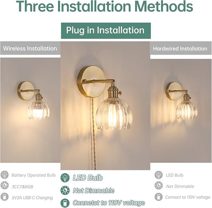Shenmoyl Plug in Wall Sconce, Transparent Tulip Glass Lampshade Wall Light Plugin Corded for Bedside Bedroom Doorway