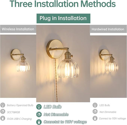 Shenmoyl Plug in Wall Sconce, Transparent Tulip Glass Lampshade Wall Light Plugin Corded for Bedside Bedroom Doorway