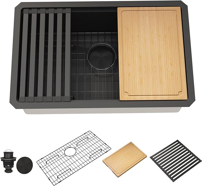LQS 30 Inch Kitchen Sink, Black Undermount Kitchen Sink, Large Deep Black Workstation Single Bowl Sinks, 16 Gauage T304 Stainless Steel Material, Smart Workstation Ledge With Pratical Accessories