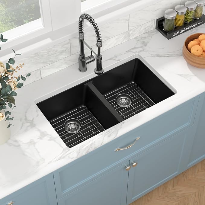 Sarlai 33 Black Granite Composite Kitchen Sink - 33"x19"Double Bowl Undermount Kitchen Sink Double Basin 50/50 Matte Black Quartz Under Counter Sinks Basin with Accessories
