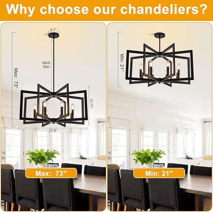 27.6"Modern Black Chandelier for Dining Room, 8-Light Easy To Install Farmhouse Dining Room Light Fixture Over Table, Industrial Hanging Pendant Lights for Kitchen Island, Living Room, Foyer, Entryway