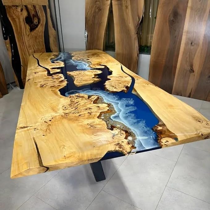 RESINHOMEFURNITURE Large Indoor Blue Island Ocean Look Epoxy Resin Dining Table Coffee Table End Table Wooden Table Living Room Table Bar Counter Home Décor Patio Table
