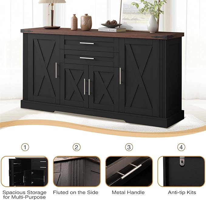 Buffet Cabinet with Storage, 63" Large Sideboard Storage Cabinet with Drawer, 4 Doors and Shelves, Modern Farmhouse Coffee Bar Table Kitchen Island Credenza for Kitchen, Dining, Living Room (Black)