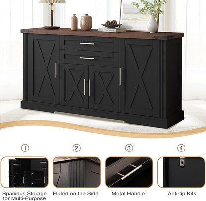 Buffet Cabinet with Storage, 63" Large Sideboard Storage Cabinet with Drawer, 4 Doors and Shelves, Modern Farmhouse Coffee Bar Table Kitchen Island Credenza for Kitchen, Dining, Living Room (Black)