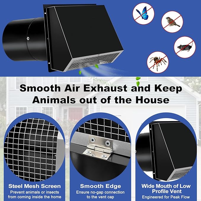 8 Inch Hooded Wall Vent with Screen and Damper, 8 Inch Range Hood Wall Vent Cap, Wall Exhaust Vent Cover, Outdoor Hooded Wall Vent for Dryer Vent, Range Hood, Kitchen, Black