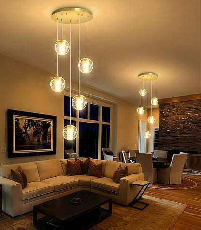 HAIXIANG 5 Lights Globe Chandelier Modern Crystal Glam Light LED Warm Light Pendant Lights for Dining Room Kitchen Island Antique Gold Lighting Fixture