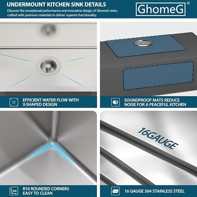 26 Undermount Kitchen Sink 26"x18"x8" Single Bowl 16 Gauge Stainless Steel Under Counter Single Bowl Kitchen Sinks Basin with Drain Strainer