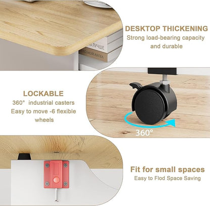 IDEALHOUSE FoldingTable, Drop Leaf Dining Table with 6 Wheels and 2-Layer Storage Shelf, Space Saving Table for Small Spaces (Natural Wood, 50.1" D x 31.4" W x 29.5" H)