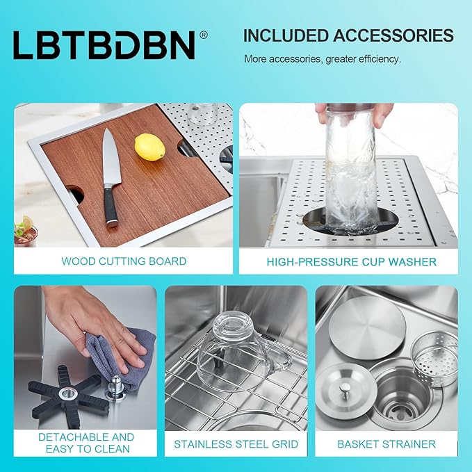 23 Inch Undermount Bar Sink with Glass Rinser & Sapele Cutting Board - 18 Gauge Stainless Steel Workstation Sink for Kitchen, RV, Wet Bar (23x17x9 Inch)