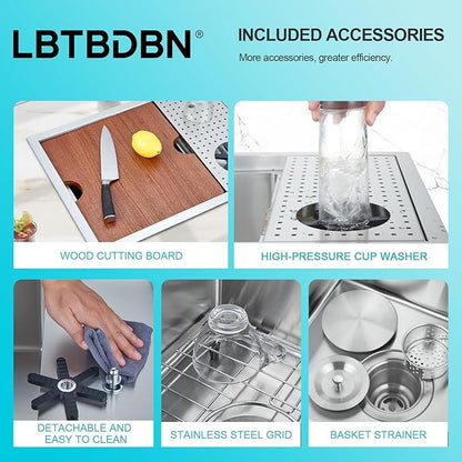 23 Inch Undermount Bar Sink with Glass Rinser & Sapele Cutting Board - 18 Gauge Stainless Steel Workstation Sink for Kitchen, RV, Wet Bar (23x17x9 Inch)