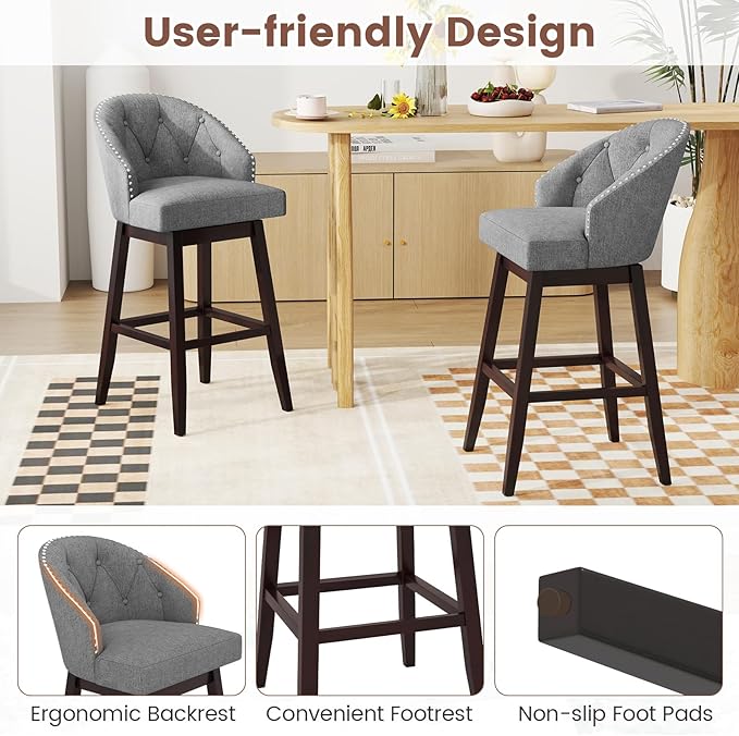 Giantex Modern Upholstered Bar Stools Set of 2, 31" Bar Height Swivel Kitchen Stools w/Button-Tufted Back, Rubber Wood Frame, Rivet Decoration, Linen Fabric Barstools for Counter Island, Cafe, Grey