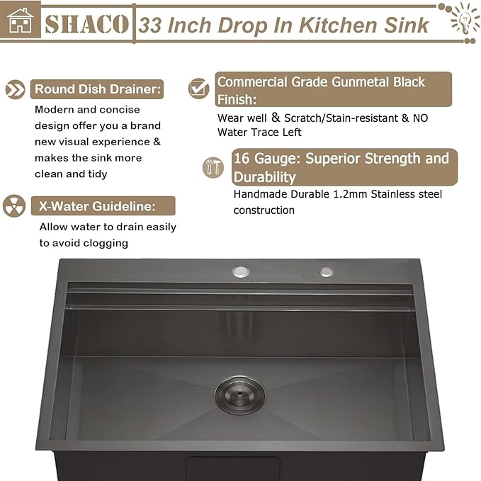 SHACO 33x22 Black Drop In Kitchen Sink, 33 Inch Topmount Gunmetal Black Stainless Steel Single Bowl Overmount Double Ledges Workstation Sink with Accessories
