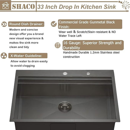 SHACO 33x22 Black Drop In Kitchen Sink, 33 Inch Topmount Gunmetal Black Stainless Steel Single Bowl Overmount Double Ledges Workstation Sink with Accessories