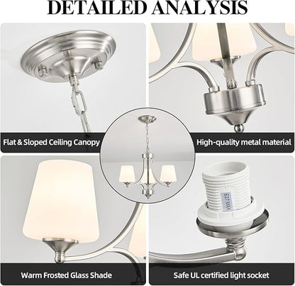 Brushed Nickel Dining Room Light Modern Sliver Chandelier with Frosted Glass, 3-Light Metal Farmhouse Kitchen Island Light Fixtures E26 Hanging Pendent Lighting for Living Room, Kitchen, Foyer