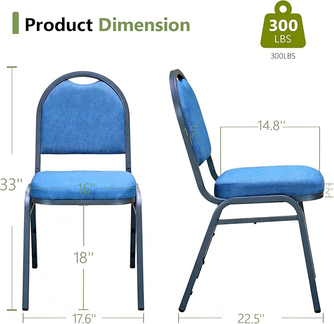 Stackable Banquet Dining Chairs 4 Pack, Upholstered Crown Back Event Chairs with Blue Fabric Seat, Heavy Duty Steel Frame, 300 lb Capacity, No Assembly, for Restaurant Wedding Conference