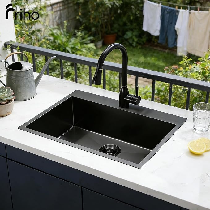 33x22 Black Drop In Kitchen Sink, 33 Inch Stainless Steel Top Mount Single Bowl Sink with Drain Strainer