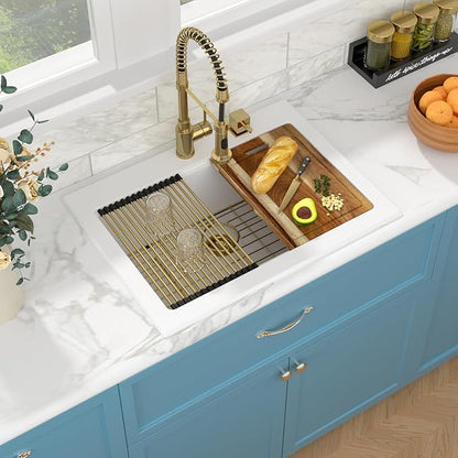 Sarlai 30 Granite Composite Kitchen Sink - 30"x22" Drop In Kitchen Sink Ledge Workstation White Granite Quartz Composite Top-Mount Single Bowl Sinks Basin with Gold Accessories