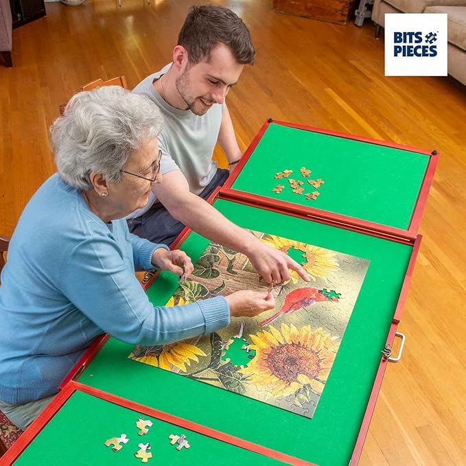 Bits and Pieces Fold-and-go Wooden Jigsaw Puzzle Table with Legs Folding Puzzle Board 1500 Pieces, Non-Slip Top, Carry Handle, 2 Felt Sorting Areas 66" x 25" Work Surface