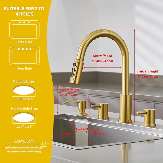 Tohlar 4 Hole Kitchen Faucet, Brushed Gold Kitchen Faucet with Soap Dispenser and Pull Down Sprayer 3 Modes Kitchen Sink Faucets, Stainless Steel High Arch Kitchen Sink Faucet with Separate Handle