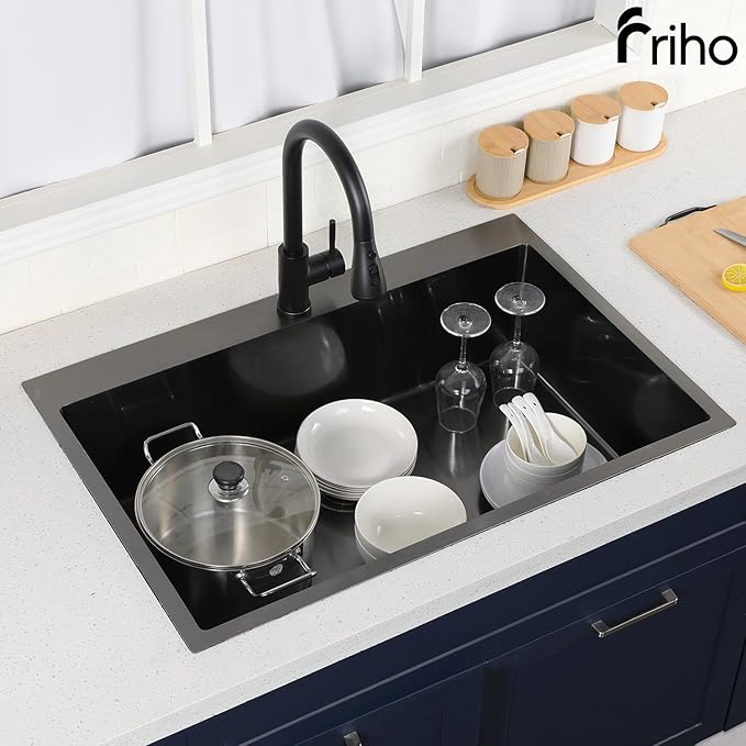 Friho 28x18 Inch Black Drop In Kitchen Sink, Stainless Steel Square RV Laundry Utility Sink, 28 Inch Topmount Deep Single Bowl Kitchen Sink With Basket Strainer