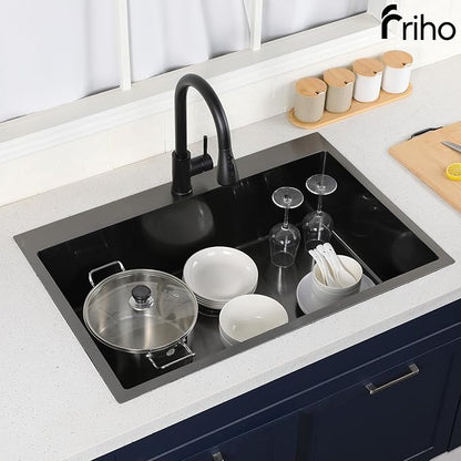 Friho 28x18 Inch Black Drop In Kitchen Sink, Stainless Steel Square RV Laundry Utility Sink, 28 Inch Topmount Deep Single Bowl Kitchen Sink With Basket Strainer