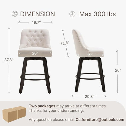 KISLOT Swivel Counter Height Bar Stools Set of 4, 26" Upholstered Fabric Barstools with Back, Thick Seat and Square Solid Wood Legs for Kitchen Island Home Bar, Beige