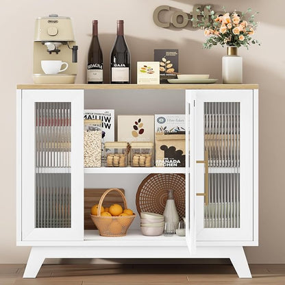 CABIHOME Buffet Cabinet, 36" Sideboard Buffet Storage Cabinet with Adjustable Shelves and Fluted Glass Door, Modern Coffee Bar, Table for Kitchen, Dining Room, Natural