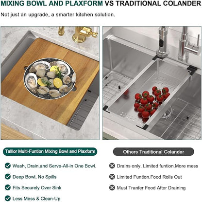 33 Inch Drop In Stainless Steel Kitchen Sink Single Bowl 16 Gauge Workstation Sink with Cup Washer, Mixing Bowl and Pasta Strainer #TLT-0046