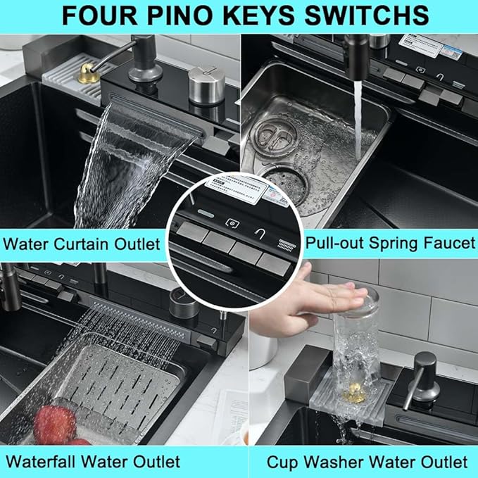 30 Inch Black Waterfall Kitchen Sink with Pull-Out Faucet Combo- Wesliv 30x18 Waterfall Sink Black Digital Display Smart Honeycomb Kitchen Sinks Deep Single Bowl with Accessories