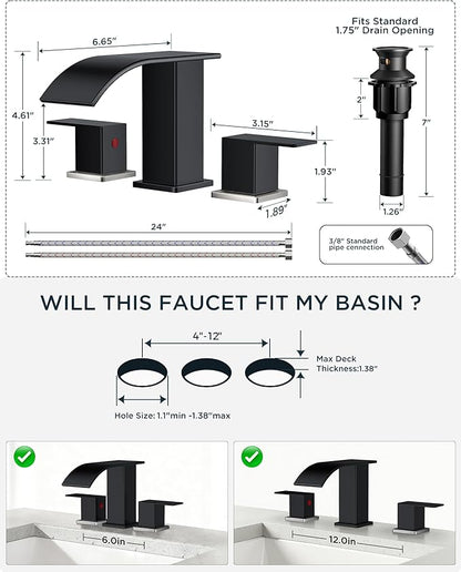 FORIOUS Black and Brushed Nickel Bathroom Faucets 3 Hole, Waterfall Square 8 Inch Widespread Bathroom Sink Faucet with Metal Pop-up Drain and Supply Lines, Two Handles for Vanity, RV, Farmhouse