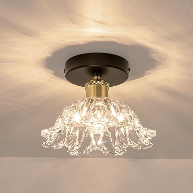 1-Light Vintage Semi Flush Mount Ceiling Light, Black and Gold Glass Shade Close to Ceiling Light Fixture, E26 Base Retro Lighting for Hallway Entryway Kitchen Bedroom